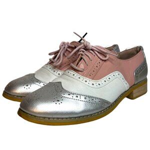 Wingtip Brogue Color Block Leather Oxfords 37 US 7 Pink Silver Saddle Shoes Retr